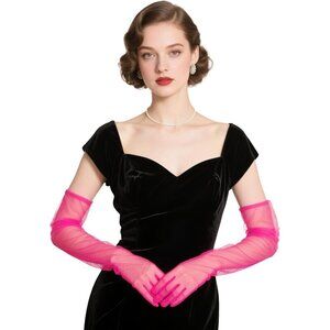 Women's Tulle Hot Pink Long Satin Gloves Evening Elbow Length Party Costumes